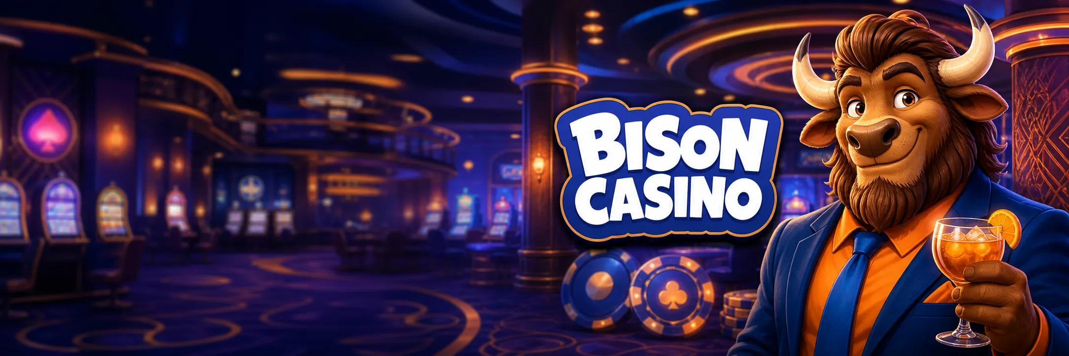 Bison Casino promotional banner featuring mascot in blue jacket with casino interior backdrop